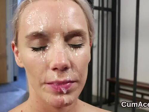 Concupiscent peach receives jism geyser on her face guzzling all the jism